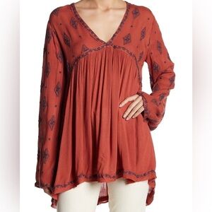 Free People Diamond Embroidered Tunic Top Cinnamon